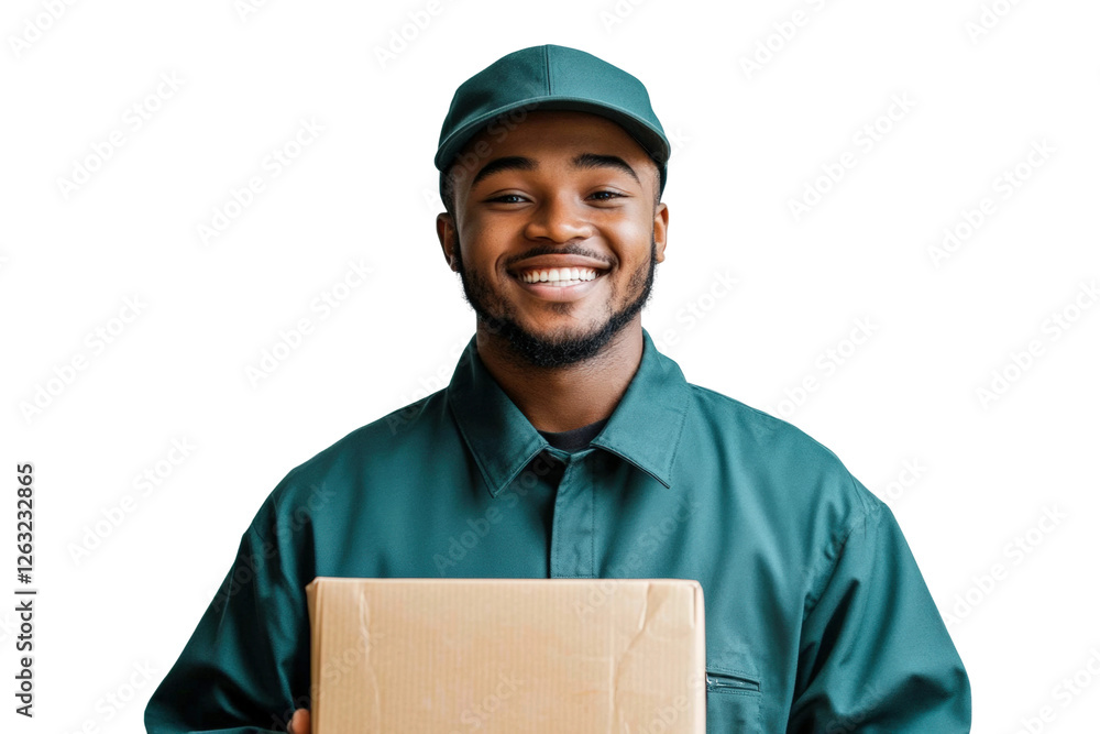 Delivery service smiling courier with package at home office isolated on transparent background Delivery service smiling courier with package at home office isolated on transparent background