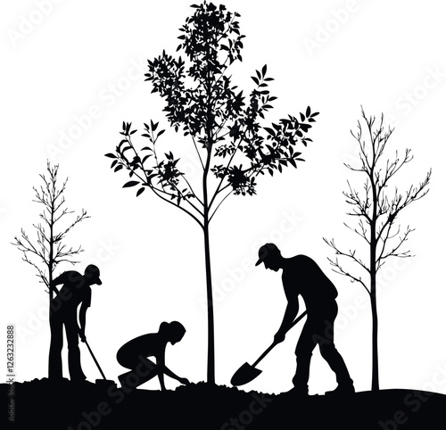 Minimalistic Black Silhouette of People Planting Trees Concept | Environmental Conservation and Sustainability Vector Illustration | Hand-Drawn Depiction of Earth Care, Green Initiatives, and Eco-Frie