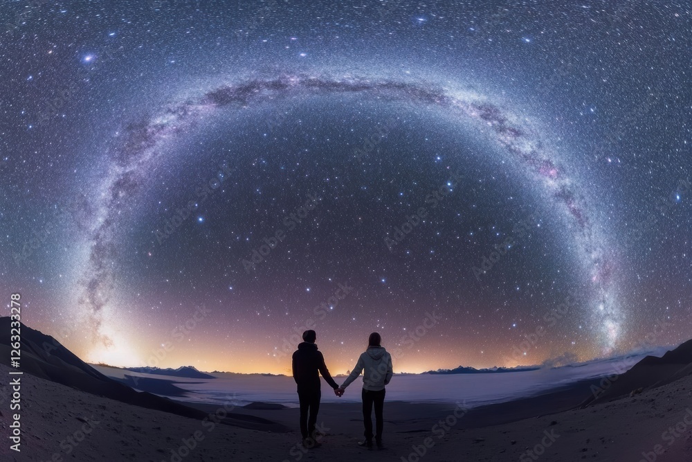 Couple sharing a moment under a breathtaking starry sky at night in a serene landscape Couple sharing a moment under a breathtaking starry sky at night in a serene landscape