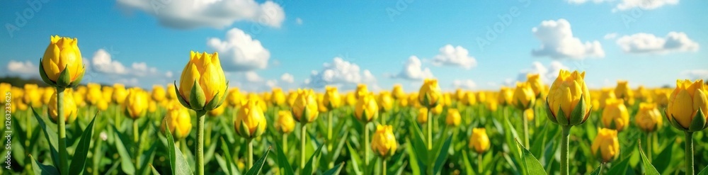 Fototapeta premium Field of golden yellow Jerusalem artichokes growing amidst blue sky and green grass, Jerusalem artichoke, field