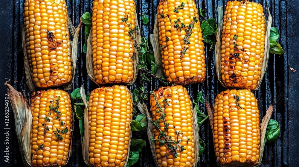 Cooked corn cobs with herbs and spices on a grill at a barbecue event outdoors Cooked corn cobs with herbs and spices on a grill at a barbecue event outdoors