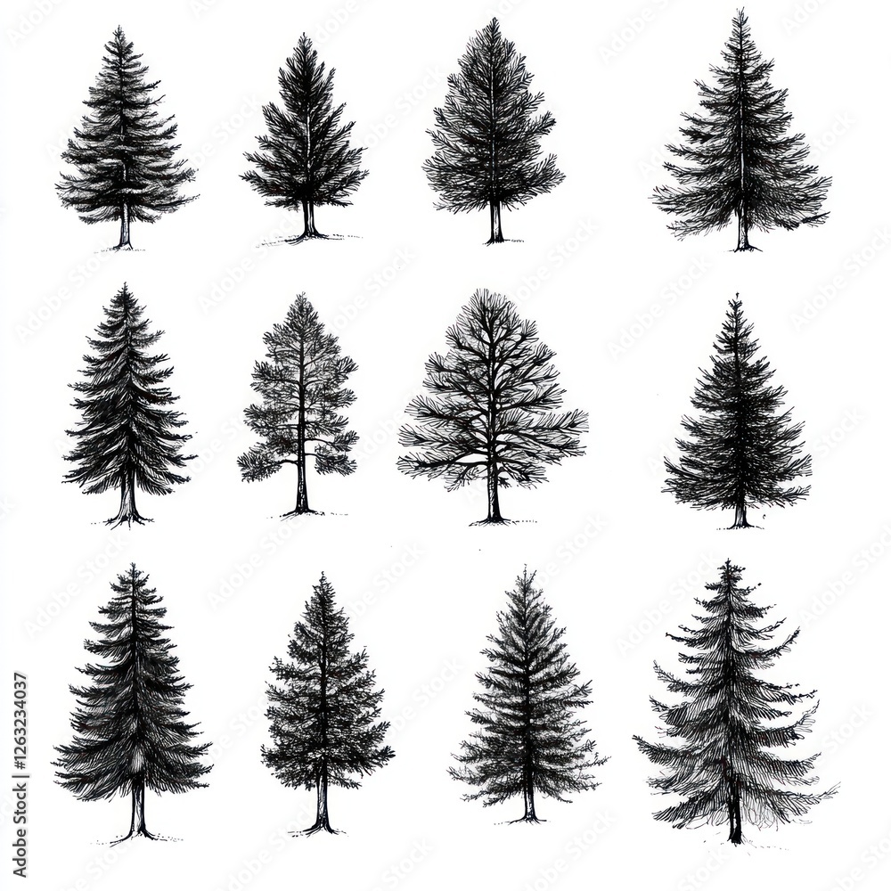 Twelve Ink Drawings of Various Evergreen Trees Twelve Ink Drawings of Various Evergreen Trees