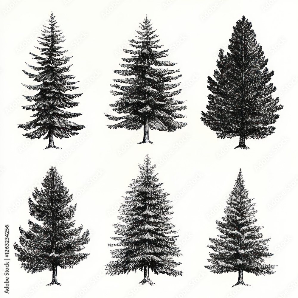 Obraz premium Six Detailed Ink Drawings Of Evergreen Trees