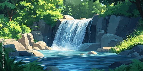 Tranquil waterfall cascading over rocks in a lush green forest setting during daylight hours