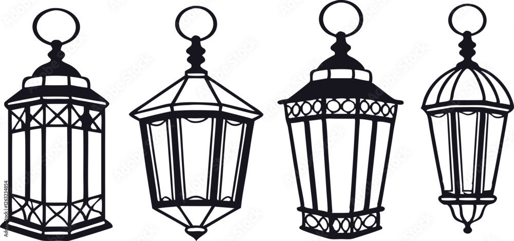 Fototapeta premium Minimalistic Black Silhouette of Lantern Lights for Ramadan Concept set| Spiritual and Cultural Tradition Vector Illustration | Hand-Drawn Depiction of Ramadan Celebration, Faith, and Festive Lighting