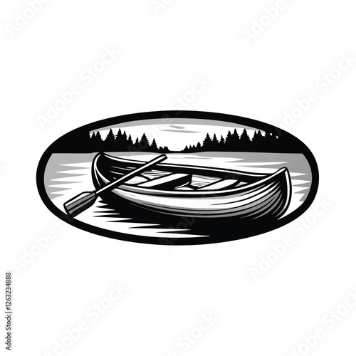 Create a vector illustration of a canoe with paddles, gliding on calm water, suitable for editing.  The stroke should be clearly defined and easily modifiable.