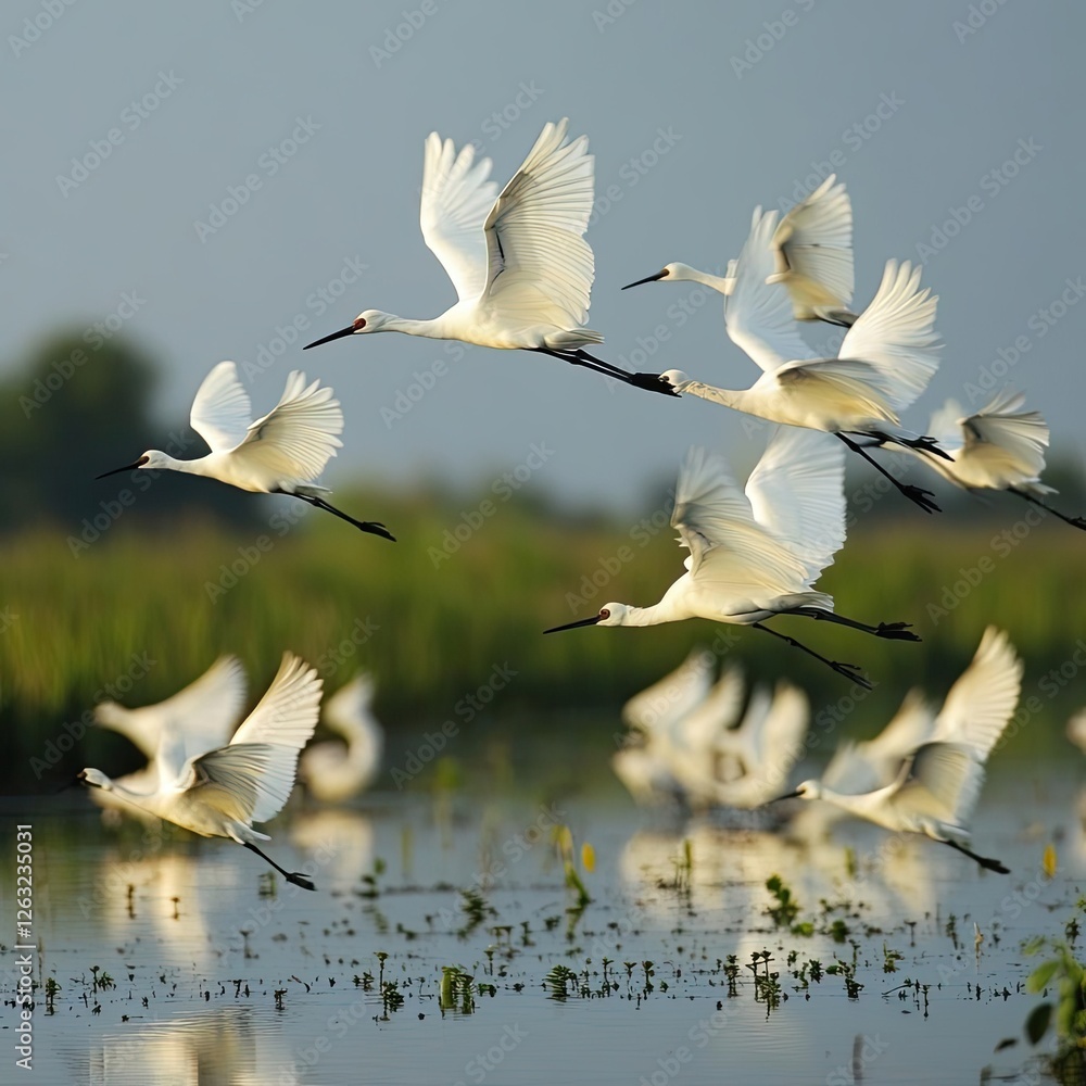 Obraz premium Sustainable Travel Destinations featuring wildlife eco-tours in wetland sanctuaries full of migratory birds, Sustainable Destinations