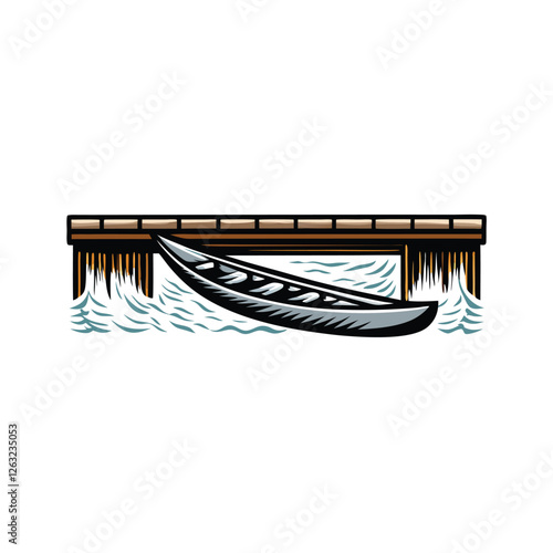 Create an editable stroke vector graphic of a canoe smoothly gliding on calm water beneath a vibrant sunset.  Focus on realistic water texture and canoe detail.