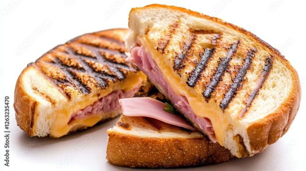Toasted panini sandwich with ham and cheese filling served on a wooden cutting board