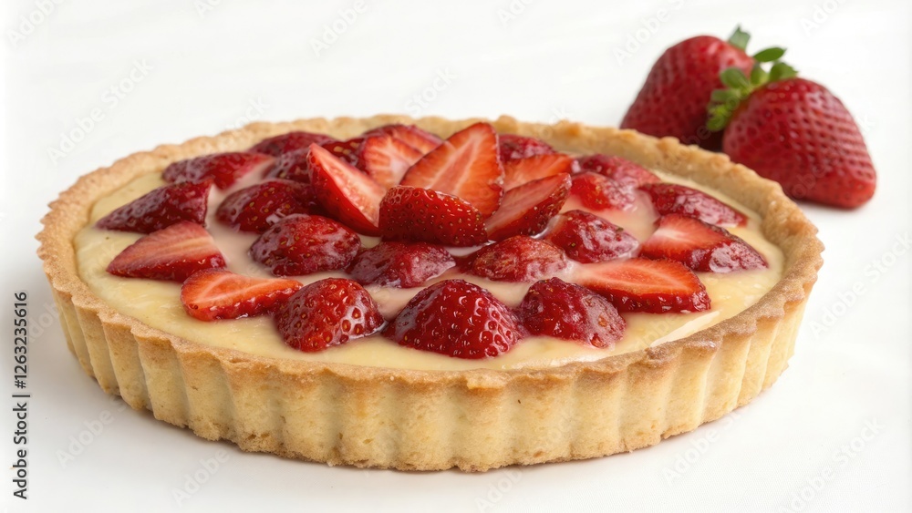 Strawberry custard tart with a buttery crust, strawberries, food styling, bakery, presentation Strawberry custard tart with a buttery crust, strawberries, food styling, bakery, presentation
