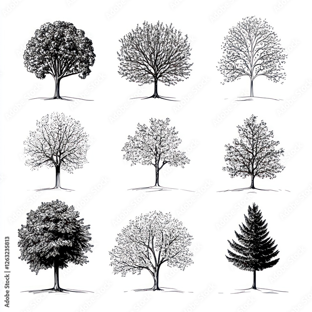 Fototapeta premium Nine Ink Drawings of Various Tree Silhouettes