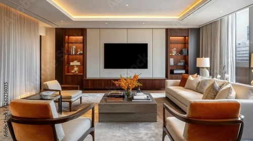 ontemporary living room with a large sofa, two accent chairs, a coffee table, and a media console for a balanced arrangement photo