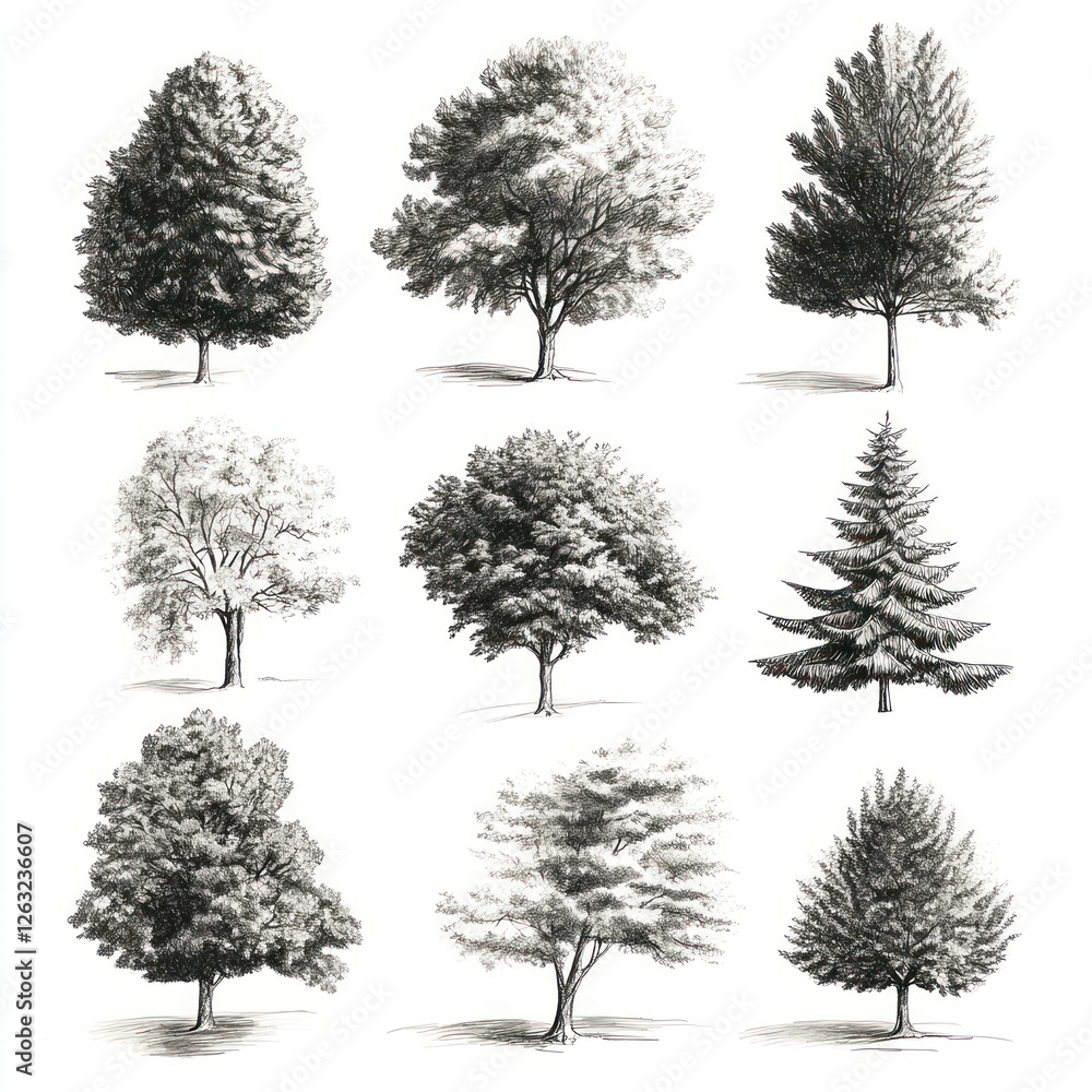 Obraz premium Nine Detailed Ink Drawings of Various Tree Species