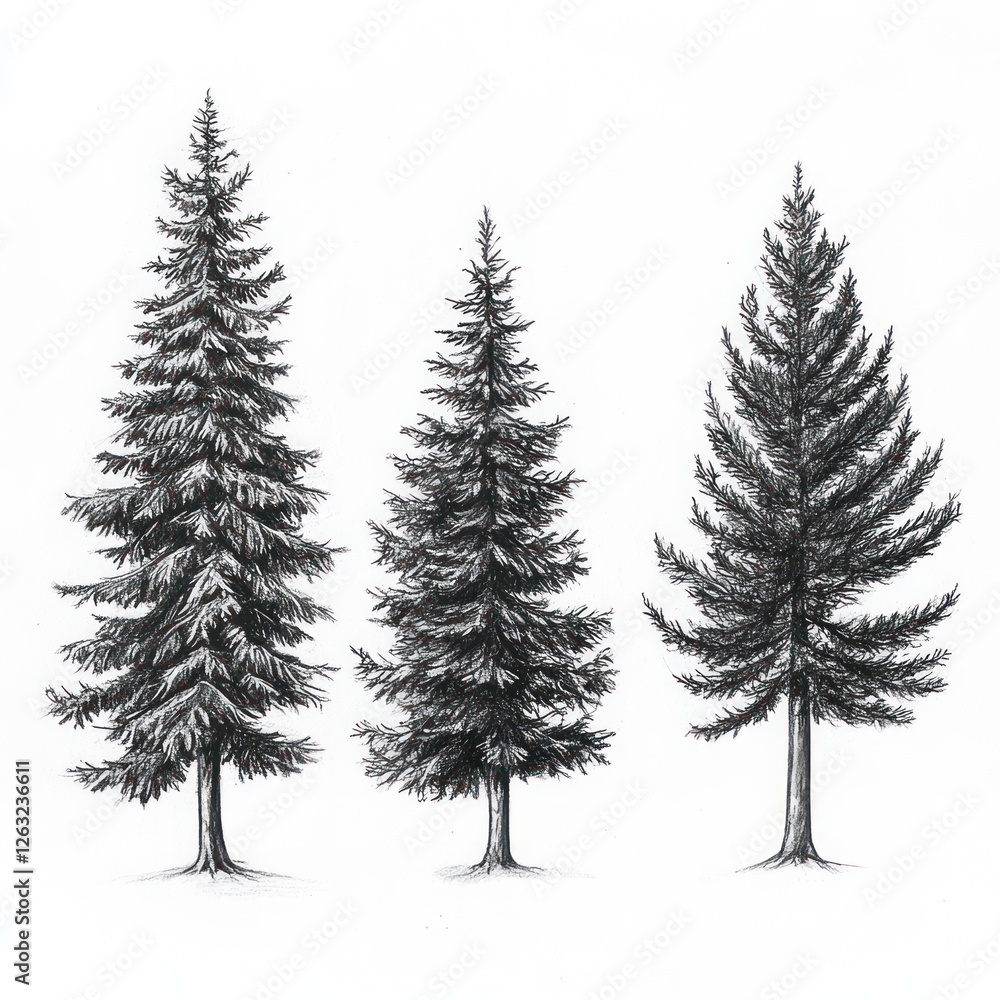 Fototapeta premium Three Tall Coniferous Trees Drawn In Ink