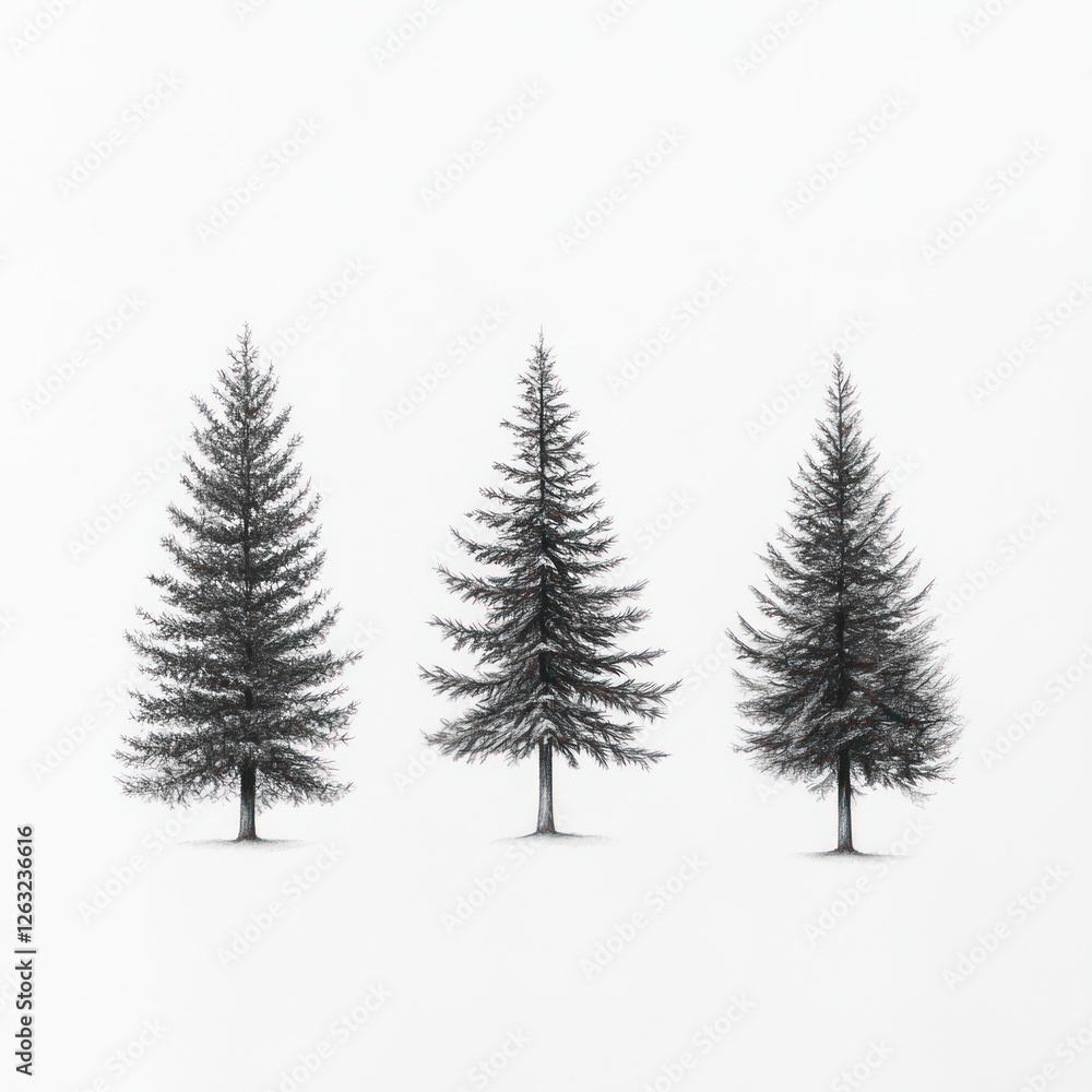 Obraz premium Three Pencil Drawn Coniferous Trees on White