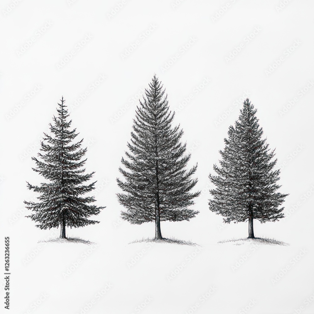 Fototapeta premium Three Conifer Trees Drawn In Ink On White Paper