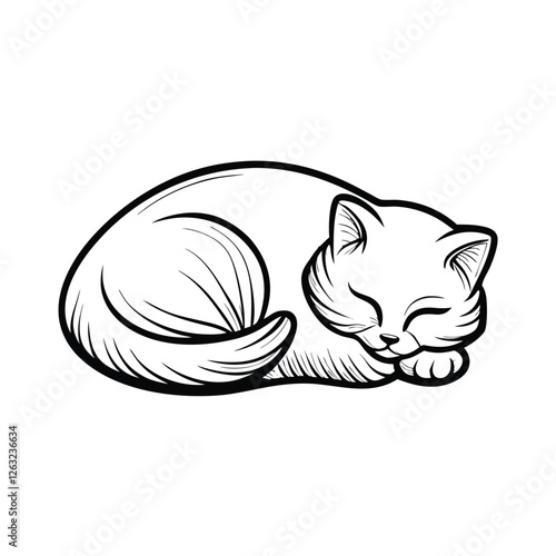 Create a high-resolution, editable stroke vector graphic of a cute cat curled up in a peaceful sleeping position.  The design should be clean and easily scalable.