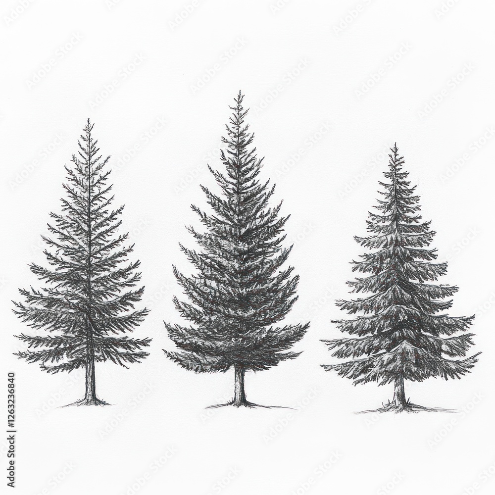 Obraz premium Three Pencil Drawn Evergreen Trees Stand Tall