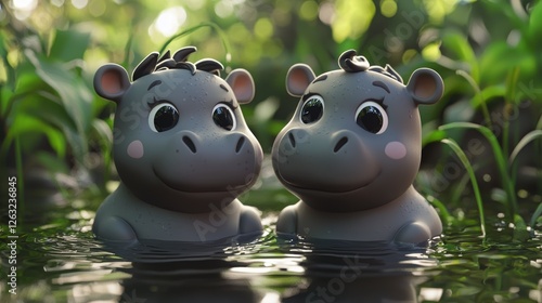 Adorable Chibi Hippo Pair at Watering Hole
