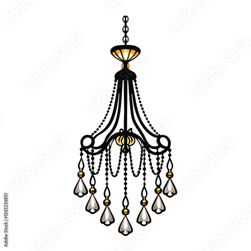 Create a highly detailed, editable stroke vector graphic of an ornate chandelier, featuring dangling crystals and intricate detailing.  Ensure clean lines and scalable design.