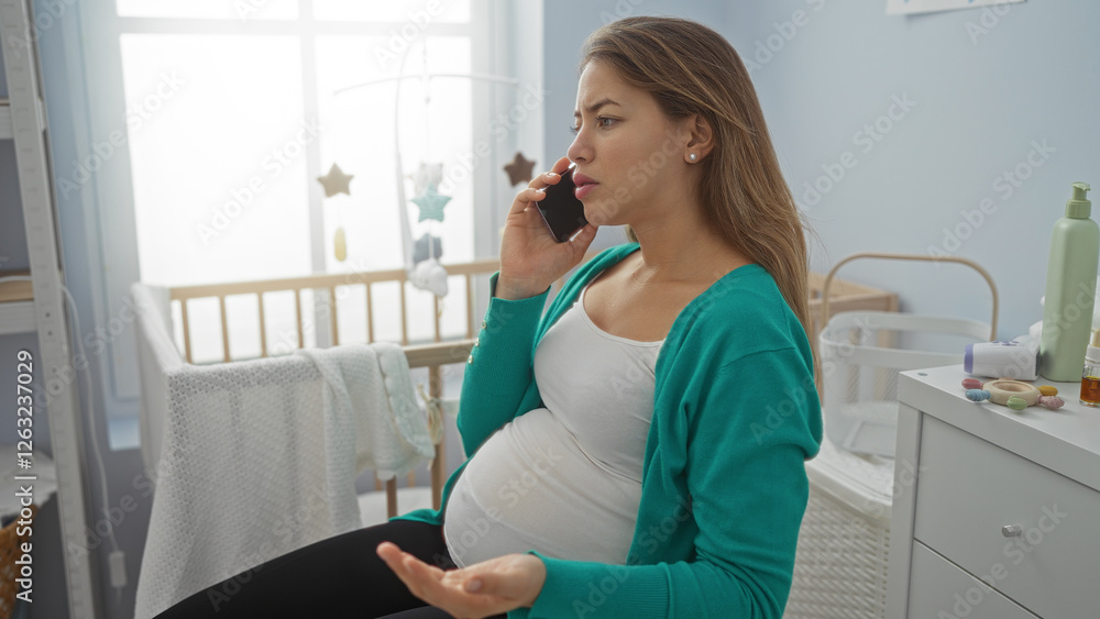 Pregnant woman talking on phone in cozy bedroom with baby cradle, surrounded by gentle light creating a serene atmosphere in a home environment.