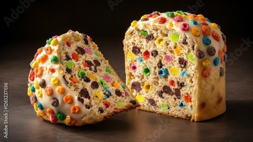 Homemade panettone with cereals and chocolate pieces on a decorative plate