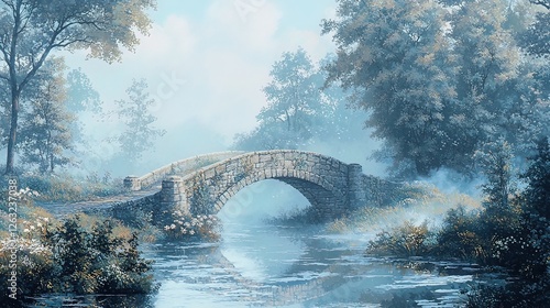 Misty morning scene with stone bridge over tranquil river.