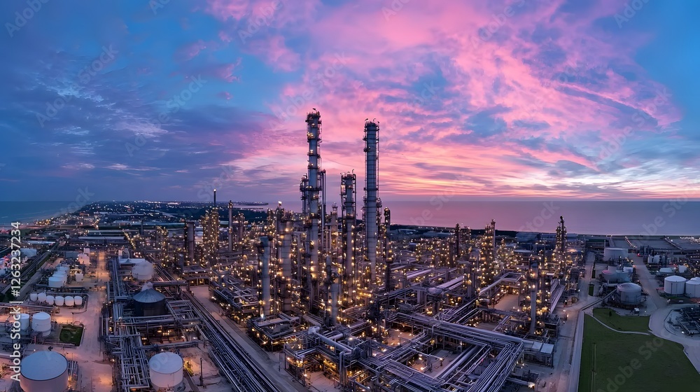 Obraz premium Industrial Sunset Over a Large Oil Refinery by the Ocean Shoreline