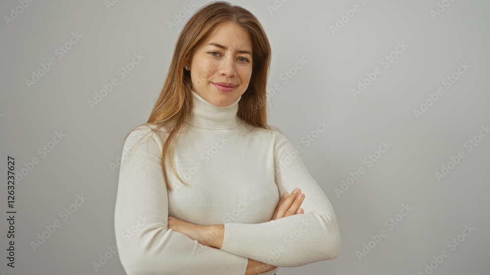 Woman in white turtleneck exuding confidence standing over isolated white background with arms crossed showcasing elegance and modern fashion in a minimalist setting. Woman in white turtleneck exuding confidence standing over isolated white background with arms crossed showcasing elegance and modern fashion in a minimalist setting.
