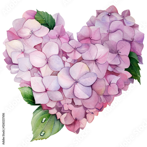 Watercolor illustration of a flower in the shape of a heart. Pink heart shaped hydrangea with green leaves and dew drops. Isolated illustration of pink flowers on a transparent background