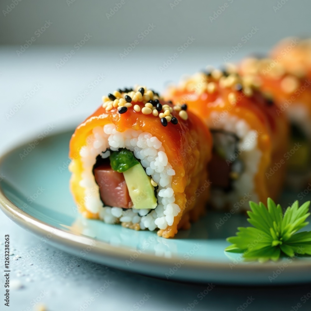 Teriyaki sauce and sesame seeds on sushi maki, tempura, rice Teriyaki sauce and sesame seeds on sushi maki, tempura, rice