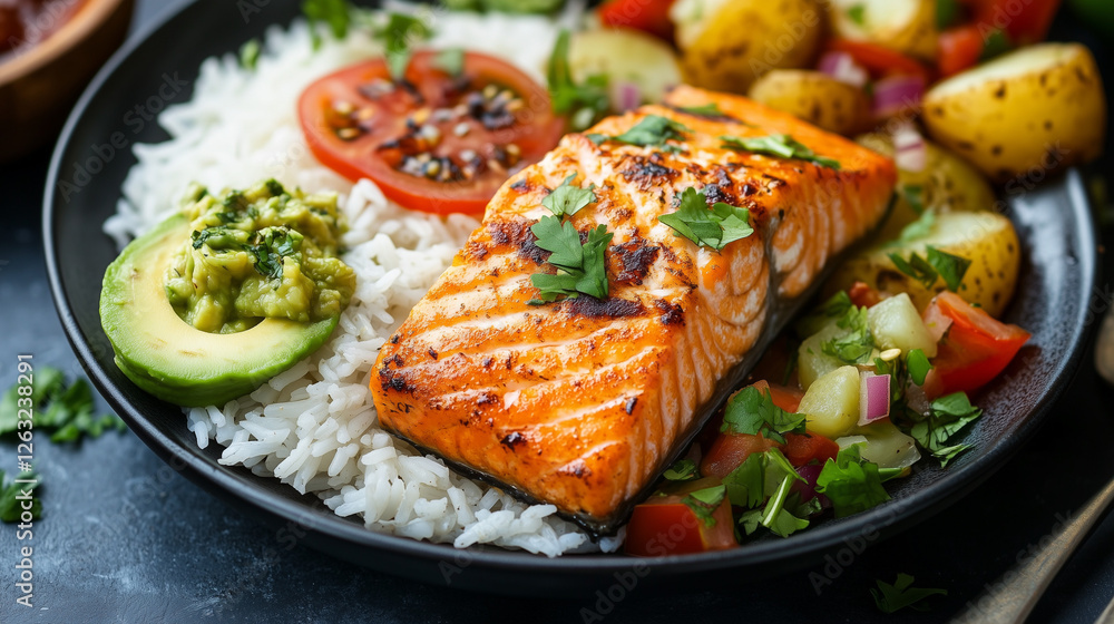 Juicy salmon fillet with a side of rice and fresh avocado guacamole on a black backdrop. Juicy salmon fillet with a side of rice and fresh avocado guacamole on a black backdrop.