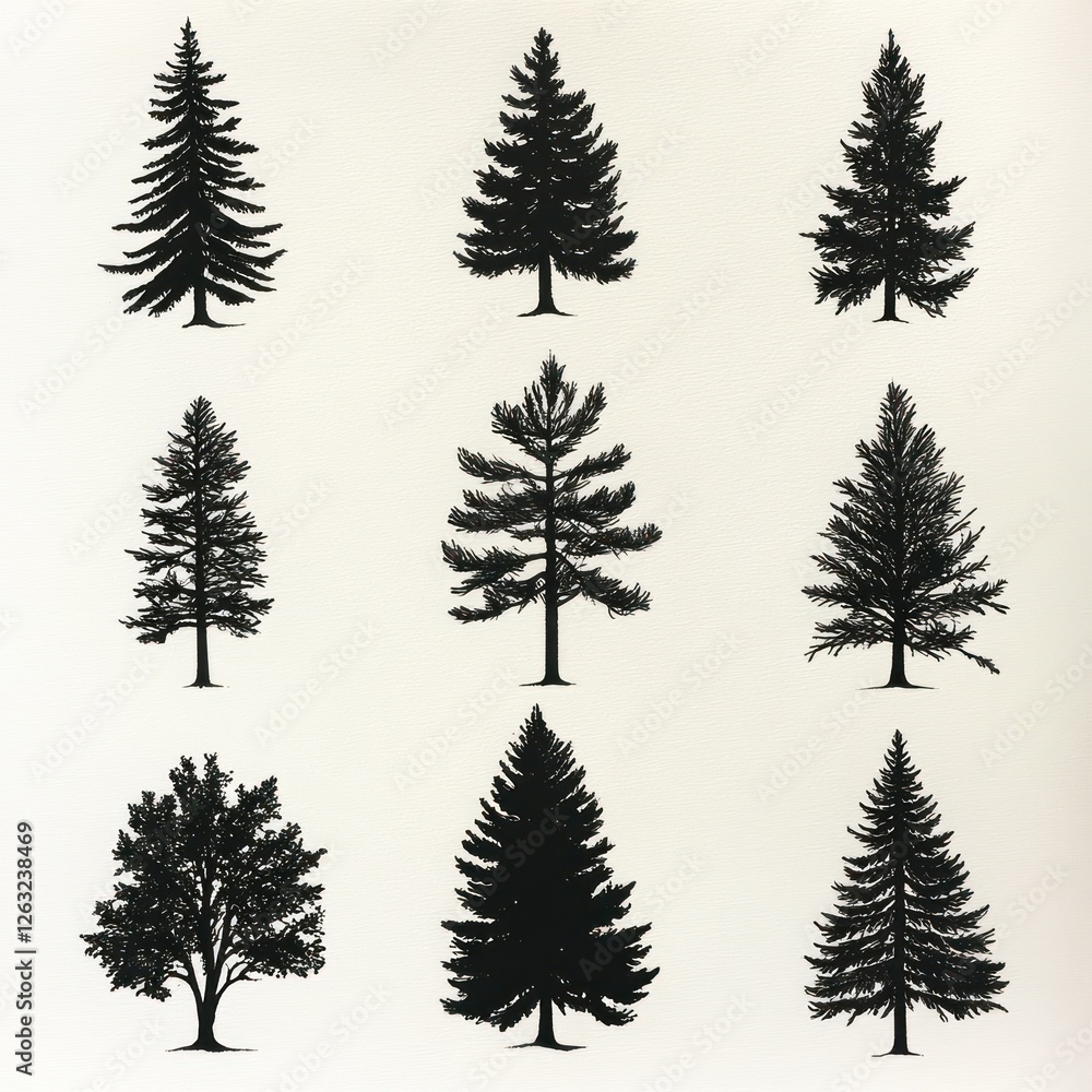 Nine Black Silhouettes of Various Coniferous and Deciduous Trees Nine Black Silhouettes of Various Coniferous and Deciduous Trees