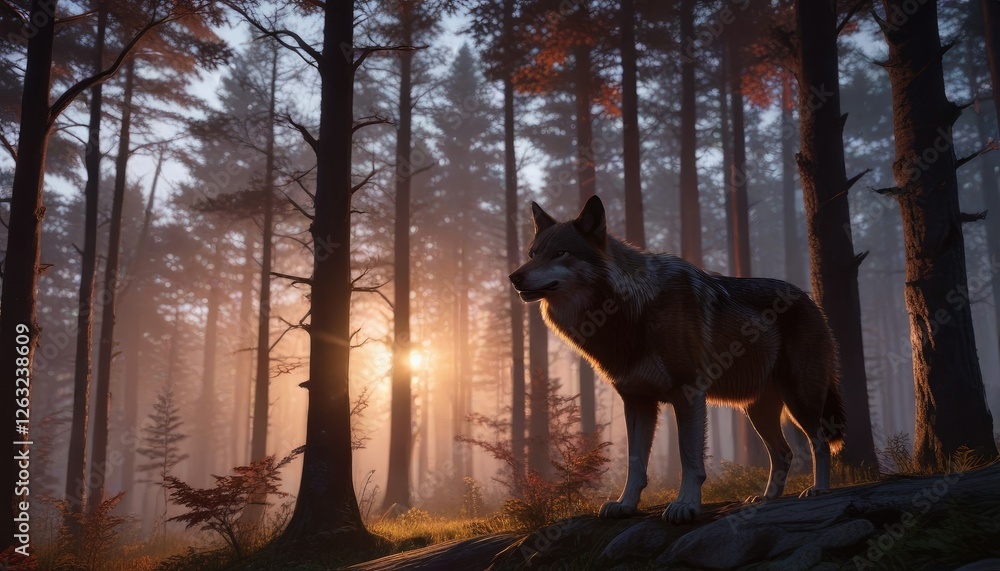 The forest at dusk with a wolf watching from the trees, trees, animal, wildlife The forest at dusk with a wolf watching from the trees, trees, animal, wildlife