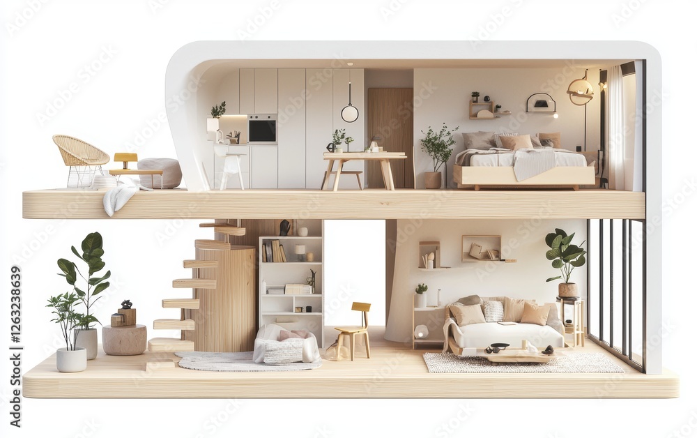 Obraz premium 3D icon cartoon of a tiny Scandinavian-style apartment cutaway with light wood, pastel colors, and simple decor, isolated on a white background