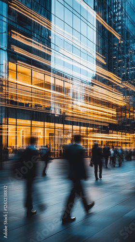 Movement of businessmen and office workers in workplaces and skyscrapers background. Ai generate.	
