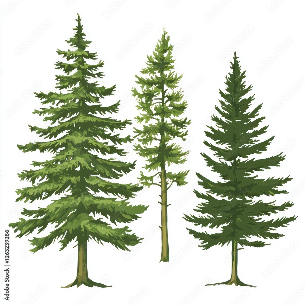 Fototapeta premium Three Evergreen Trees Illustrated Against A White Background