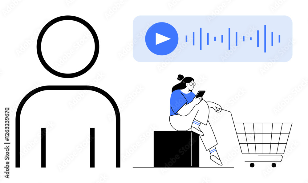 Person icon, play button with audio waves, woman using a smartphone beside shopping cart. Ideal for e-commerce, digital literacy, online shopping, multimedia, user experience, technology modern Person icon, play button with audio waves, woman using a smartphone beside shopping cart. Ideal for e-commerce, digital literacy, online shopping, multimedia, user experience, technology modern