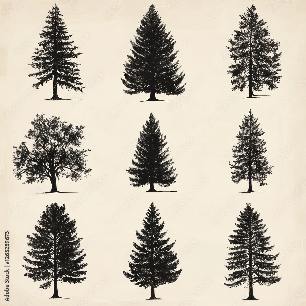 Obraz premium Nine Black Silhouettes Of Various Trees
