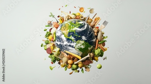 Fototapeta Naklejka Na Ścianę i Meble -  Globe surrounded by a variety of fresh food and vegetables with earth at the center of the composition