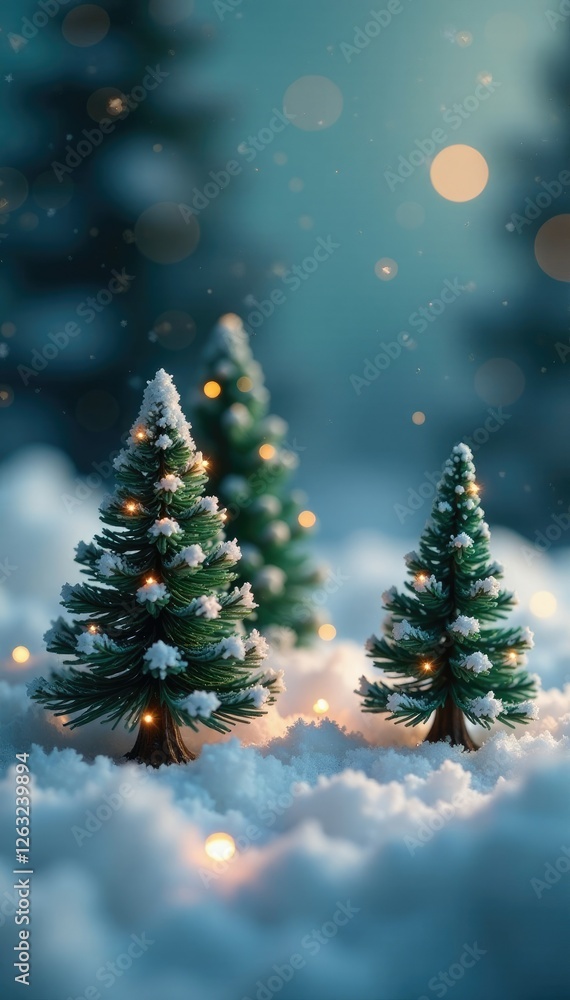 Obraz premium Tiny Christmas trees shine amidst frosty pages, twinkle, enchanted
