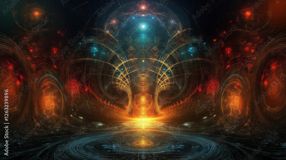 Obraz premium A cosmic fractal city with hovering structures extending infinitely