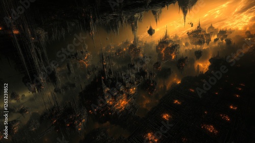 A cosmic fractal city with hovering structures extending infinitely