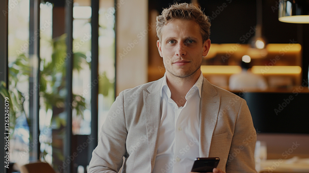 Obraz premium Confident Young Businessman Using Smartphone Modern Office Cafe Suit Male Image Casual Indoor Person