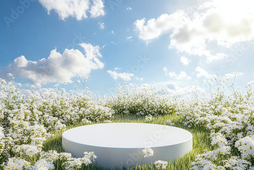 A stone display stand in white tones and a natural background that gives a refreshing feeling. Ai generate.