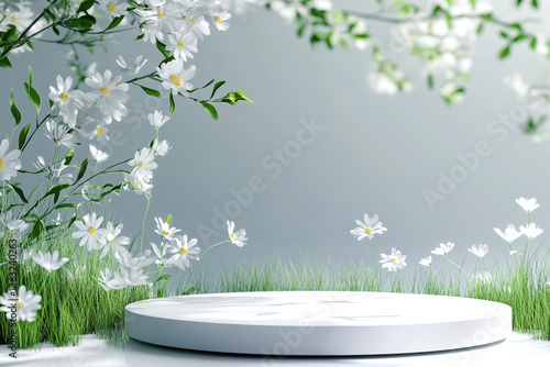 A stone display stand in white tones and a natural background that gives a refreshing feeling. Ai generate.