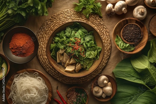 Wallpaper Mural  a traditional Thai dish , which is an all-green colored rice wine with red pepper powder and herbs on top. Meticulously arranged around it are fresh vegetables such as green beans and cherry tomatoes Torontodigital.ca