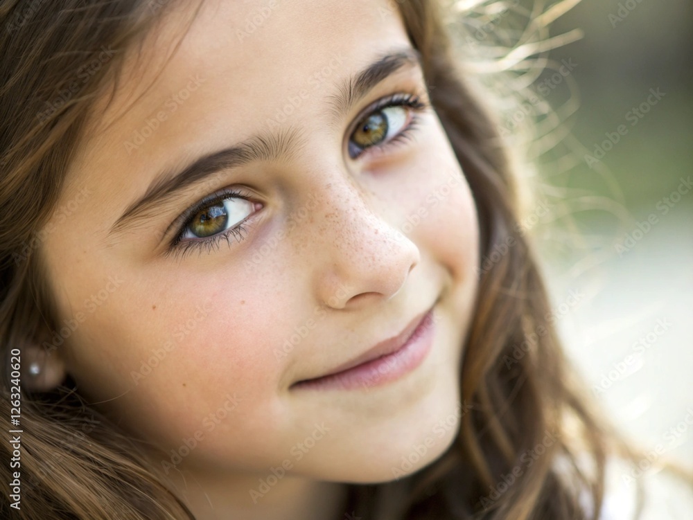 Obraz premium Close-up portrait, young girl, bright green eyes, gentle smile, dark brown hair, soft lighting, outdoor setting, natural beauty, depth of field, bokeh background, innocence, golden hour