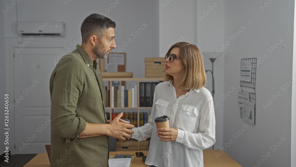 Man and woman discussing business while holding coffee cups in an office setting, showcasing a collaborative work environment with shelves and documents in the background Man and woman discussing business while holding coffee cups in an office setting, showcasing a collaborative work environment with shelves and documents in the background