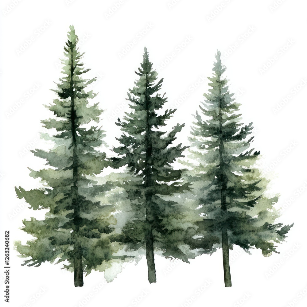 Fototapeta premium Watercolor Painting of Three Evergreen Trees